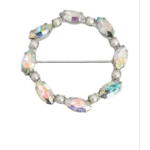 B David Silver Tone AB Rhinestone Faux Pearl Round Open Brooch Pin, Signed M354 - Picture 2 of 6